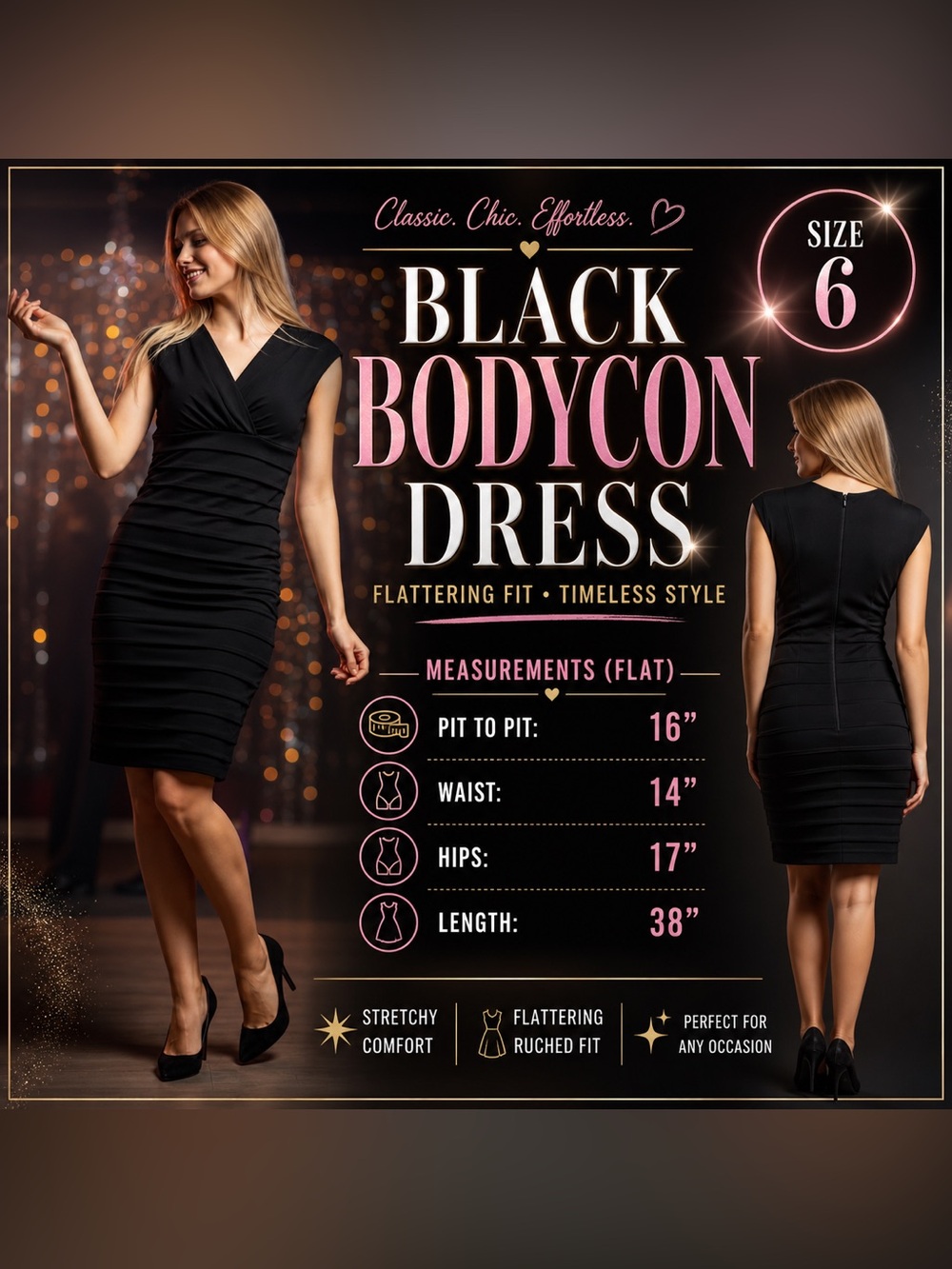 American Living Black Bodycon Dress Size 6 Classic Ruched Stretch Midi Dress